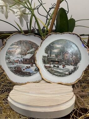 Currier & Ives Plates Set 2 Vintage Old Homestead In Winter & The Farmer's home